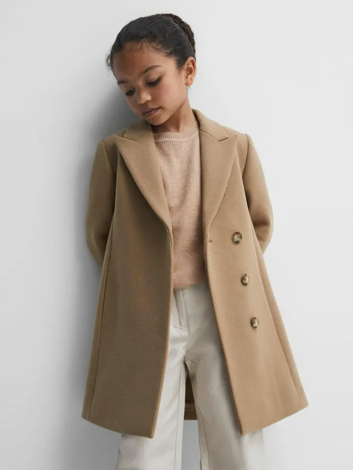 REISS Coats and Jackets Children Mid Length Wool Blend Coat Camel