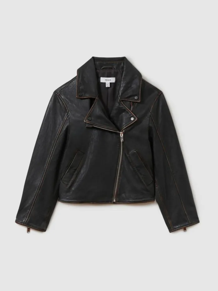 REISS Coats and Jackets Children Relaxed Leather Biker Jacket Black