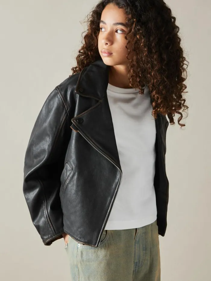 REISS Coats and Jackets Children Relaxed Leather Biker Jacket Black