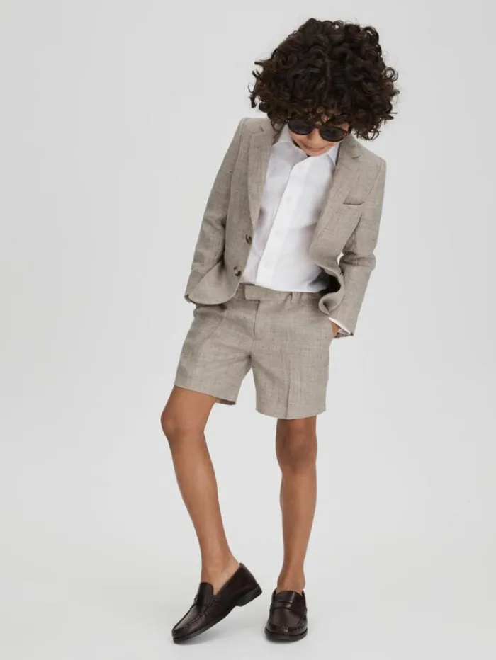 REISS Coats and Jackets Children Single Breasted Textured Linen Blazer Oatmeal