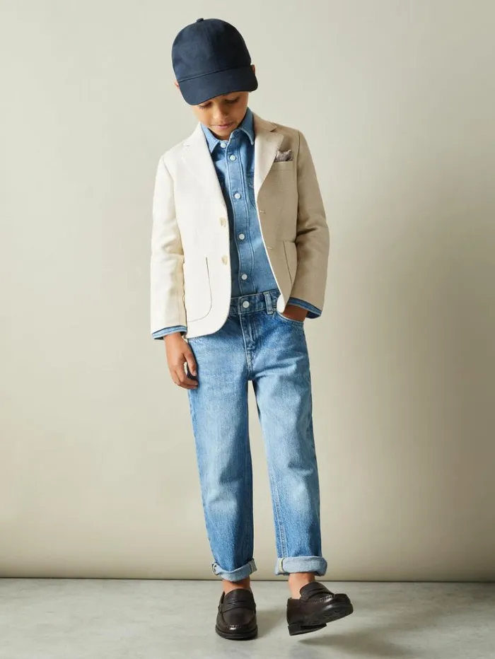 REISS Coats and Jackets Children Slub Check Single Breasted Blazer Stone