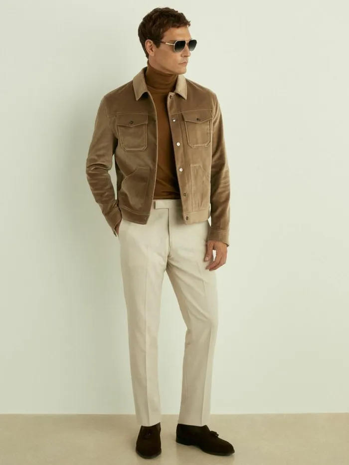 REISS Coats and Jackets Men Cotton Blend Velvet Jacket Taupe Brown