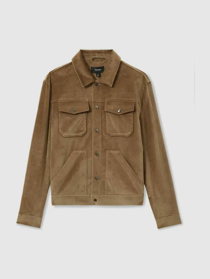 REISS Coats and Jackets Men Cotton Blend Velvet Jacket Taupe Brown
