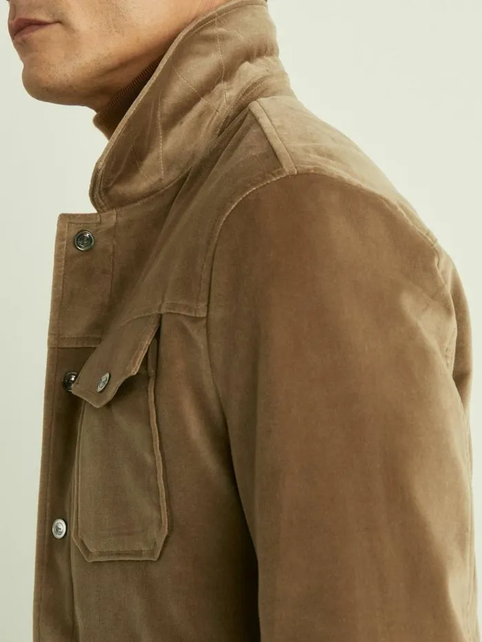 REISS Coats and Jackets Men Cotton Blend Velvet Jacket Taupe Brown