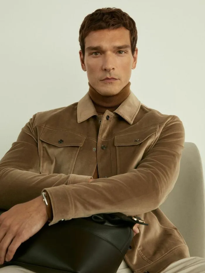 REISS Coats and Jackets Men Cotton Blend Velvet Jacket Taupe Brown