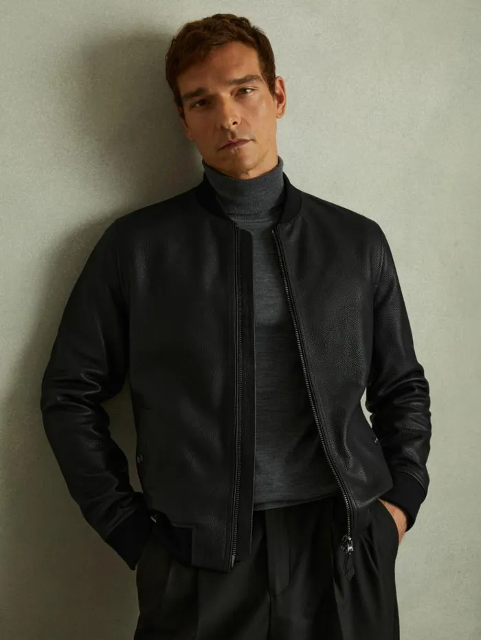 REISS Coats and Jackets Men Grained Leather Bomber Jacket Black