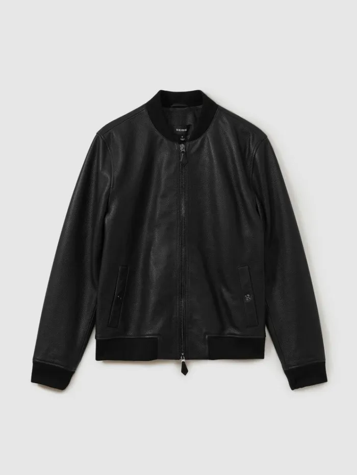 REISS Coats and Jackets Men Grained Leather Bomber Jacket Black