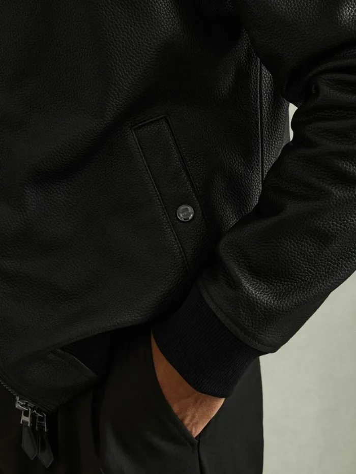 REISS Coats and Jackets Men Grained Leather Bomber Jacket Black