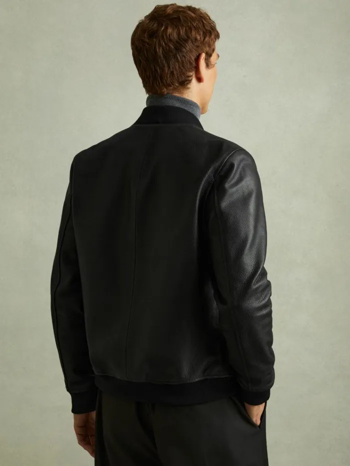 REISS Coats and Jackets Men Grained Leather Bomber Jacket Black