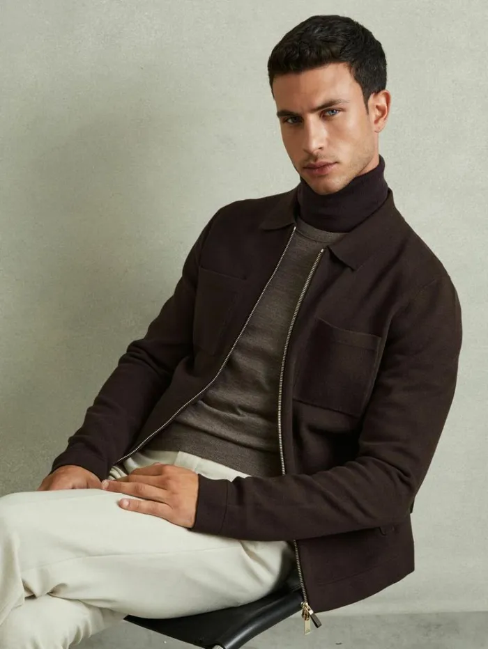 REISS Coats and Jackets Men Knitted Zip Through Jacket Chocolate Brown