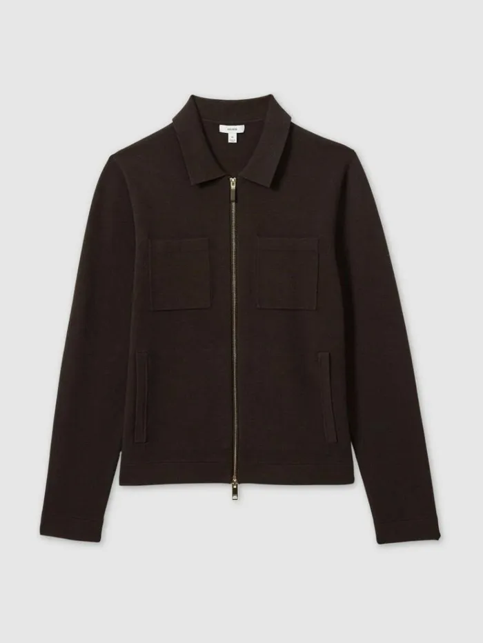 REISS Coats and Jackets Men Knitted Zip Through Jacket Chocolate Brown