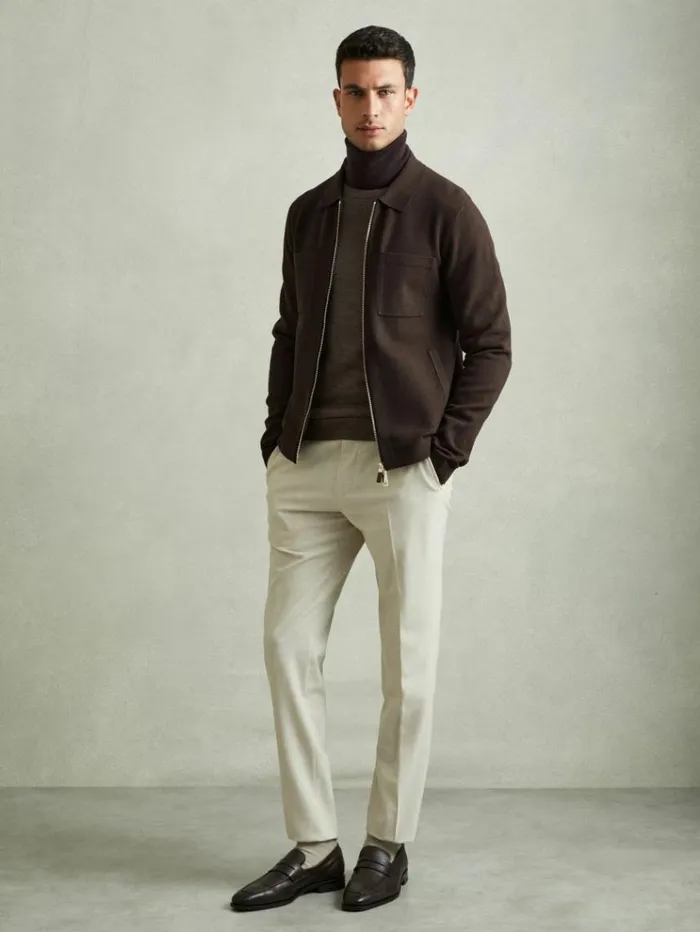 REISS Coats and Jackets Men Knitted Zip Through Jacket Chocolate Brown