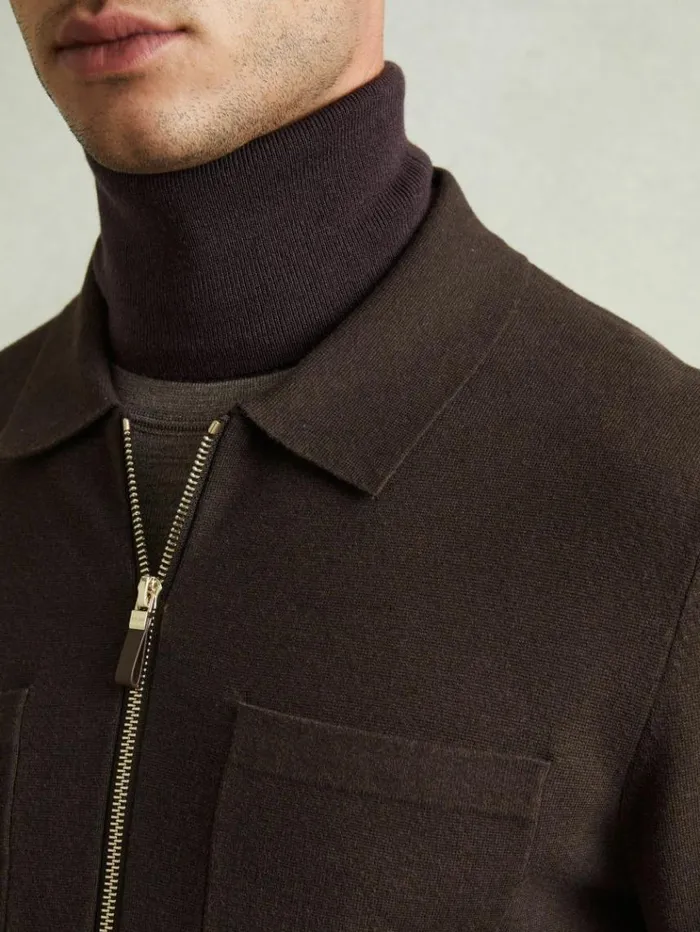 REISS Coats and Jackets Men Knitted Zip Through Jacket Chocolate Brown