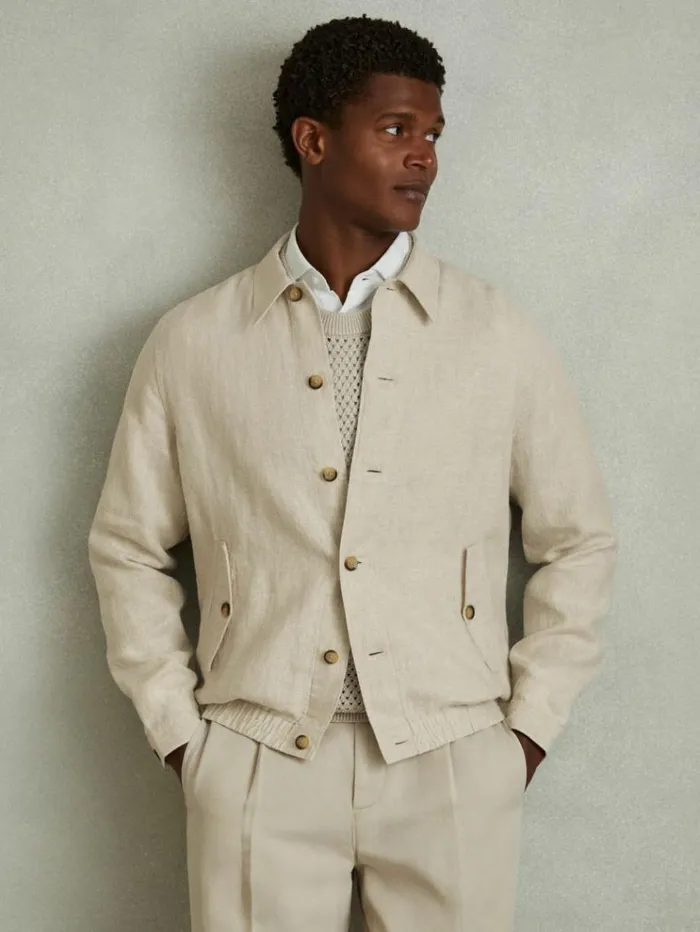 REISS Coats and Jackets Men Linen Elasticated Hem Overshirt Oatmeal