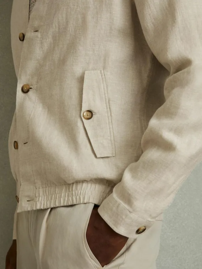 REISS Coats and Jackets Men Linen Elasticated Hem Overshirt Oatmeal