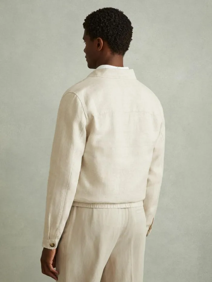 REISS Coats and Jackets Men Linen Elasticated Hem Overshirt Oatmeal