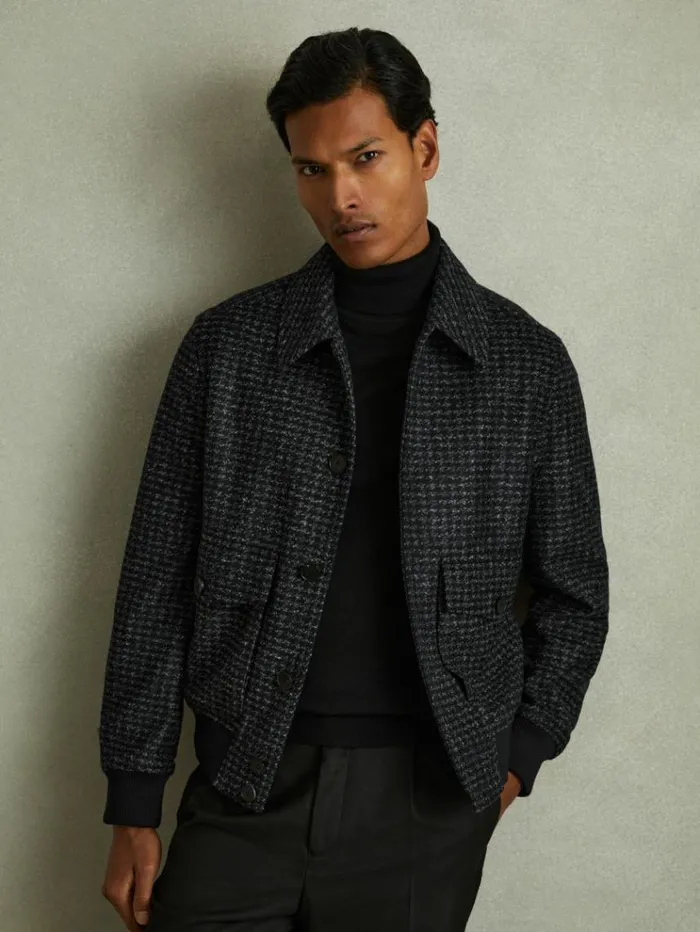 REISS Coats and Jackets Men Puppytooth Check Bomber Jacket Navy Melange