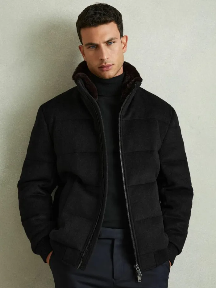 REISS Coats and Jackets Men Quilted Wool Blend Herringbone And Faux Fur Jacket Navy Melange REISS Coats and Jackets Men Quilted Wool Blend Herringbone And Faux Fur Jacket Navy Melange