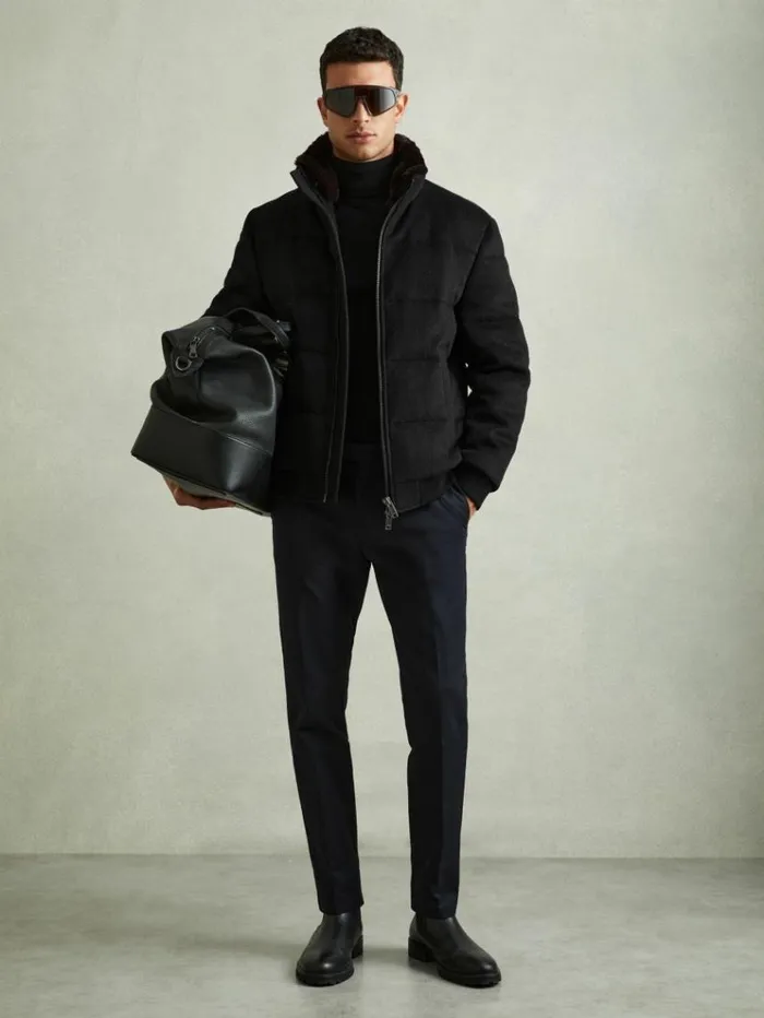 REISS Coats and Jackets Men Quilted Wool Blend Herringbone And Faux Fur Jacket Navy Melange