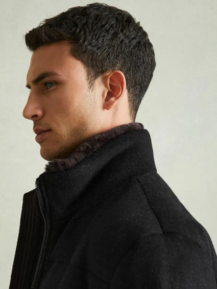 REISS Coats and Jackets Men Quilted Wool Blend Herringbone And Faux Fur Jacket Navy Melange