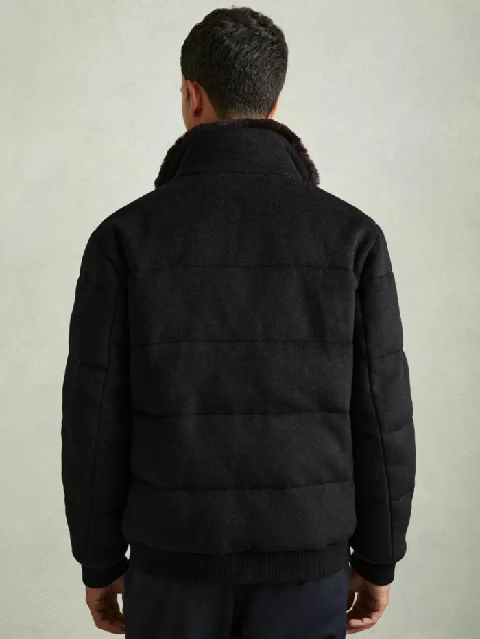 REISS Coats and Jackets Men Quilted Wool Blend Herringbone And Faux Fur Jacket Navy Melange