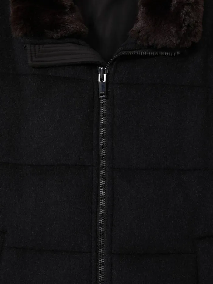 REISS Coats and Jackets Men Quilted Wool Blend Herringbone And Faux Fur Jacket Navy Melange