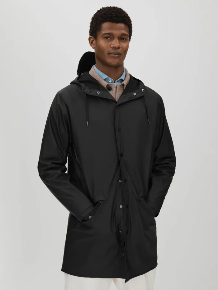 REISS Coats and Jackets Men Rains Longline Hooded Raincoat Black