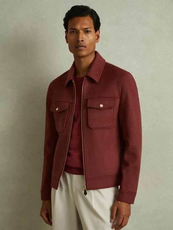 REISS Coats and Jackets Men ZipThrough Trucker Jacket With Wool Rust Red