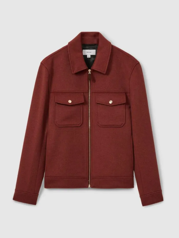 REISS Coats and Jackets Men ZipThrough Trucker Jacket With Wool Rust Red