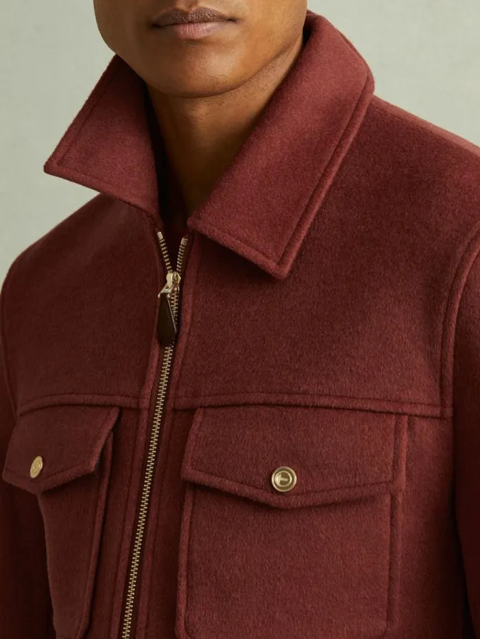 REISS Coats and Jackets Men ZipThrough Trucker Jacket With Wool Rust Red