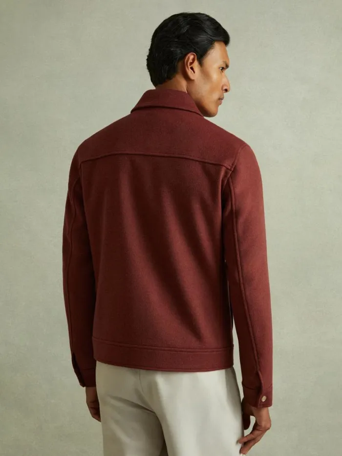 REISS Coats and Jackets Men ZipThrough Trucker Jacket With Wool Rust Red