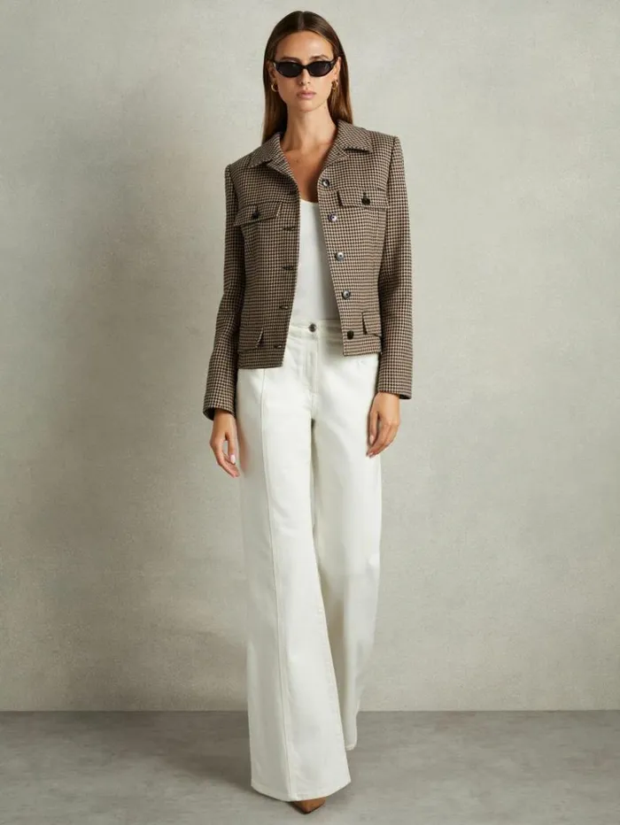 REISS Coats and Jackets Women Dogtooth Check Collared Jacket Blackcamel