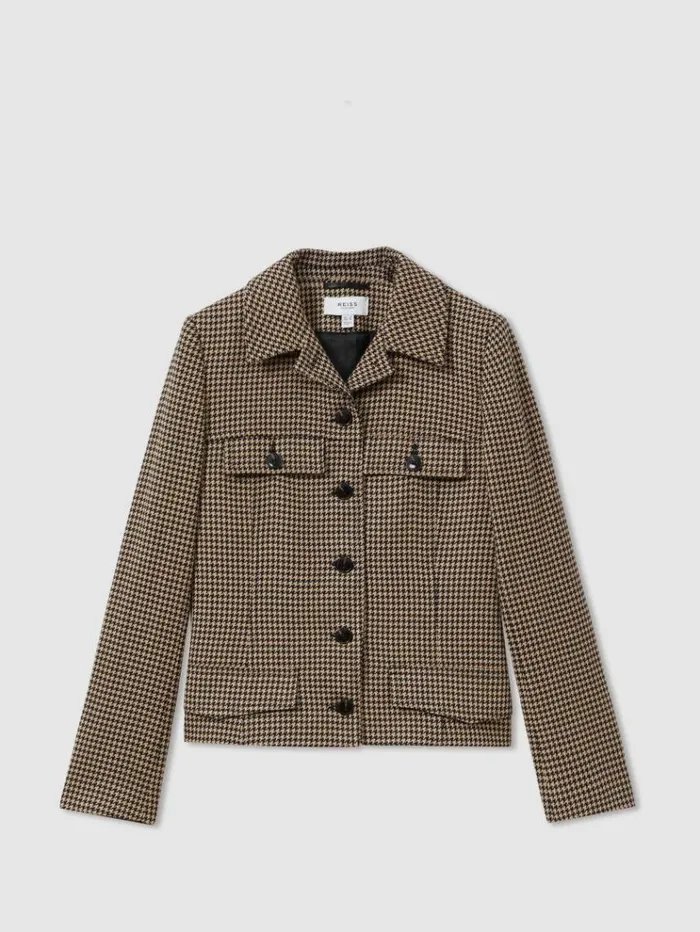 REISS Coats and Jackets Women Dogtooth Check Collared Jacket Blackcamel