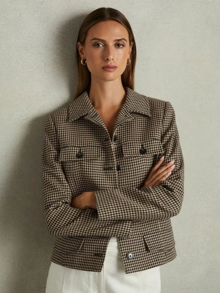 REISS Coats and Jackets Women Dogtooth Check Collared Jacket Blackcamel