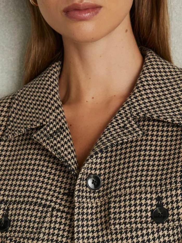 REISS Coats and Jackets Women Dogtooth Check Collared Jacket Blackcamel