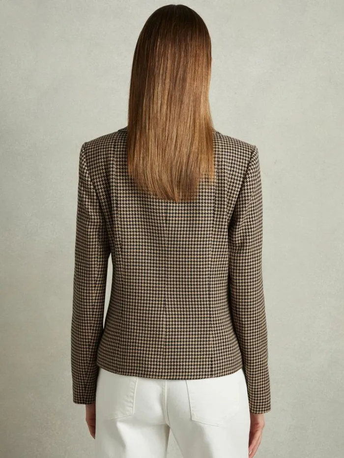 REISS Coats and Jackets Women Dogtooth Check Collared Jacket Blackcamel