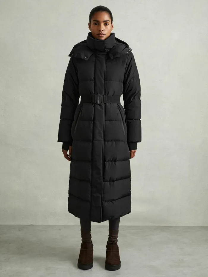 REISS Coats and Jackets Women Longline Hooded Puffer Coat Black