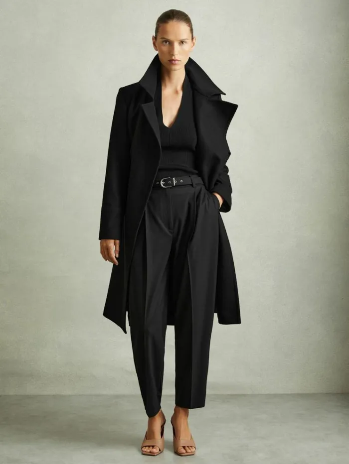 REISS Coats and Jackets Women Wool Blend Belted Double Breasted Coat With Cashmere Black REISS Coats and Jackets Women Wool Blend Belted Double Breasted Coat With Cashmere Black