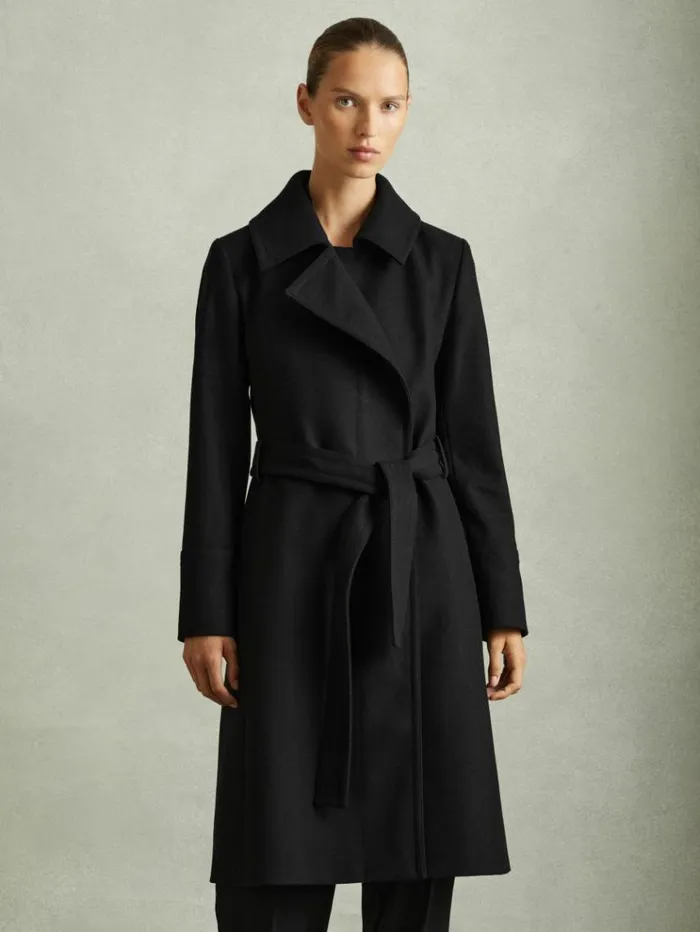 REISS Coats and Jackets Women Wool Blend Belted Double Breasted Coat With Cashmere Black
