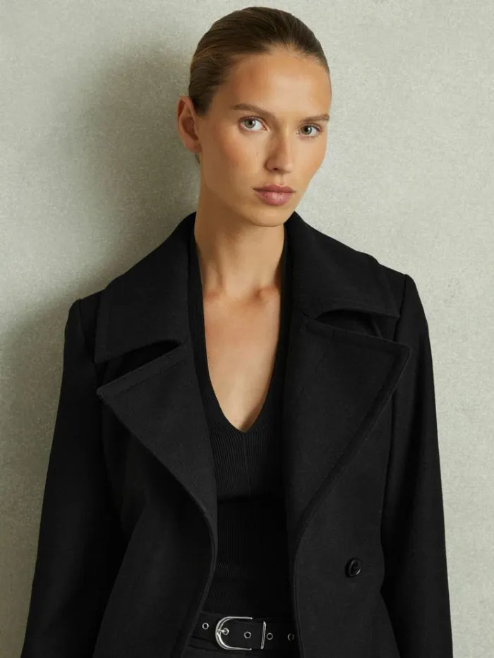 REISS Coats and Jackets Women Wool Blend Belted Double Breasted Coat With Cashmere Black