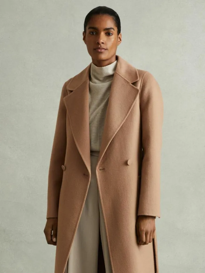 REISS Coats and Jackets Women Wool Blend Double Breasted Blindseam Coat Light Camel REISS Coats and Jackets Women Wool Blend Double Breasted Blindseam Coat Light Camel