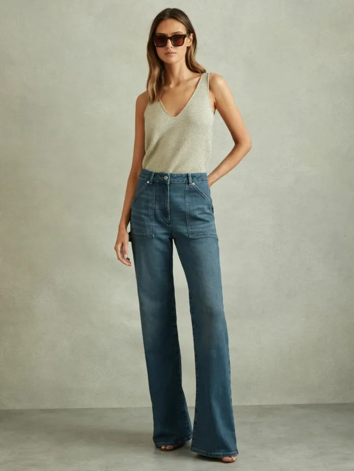 REISS Denim Women Mid Rise Flared Utility Jeans Mid Blue