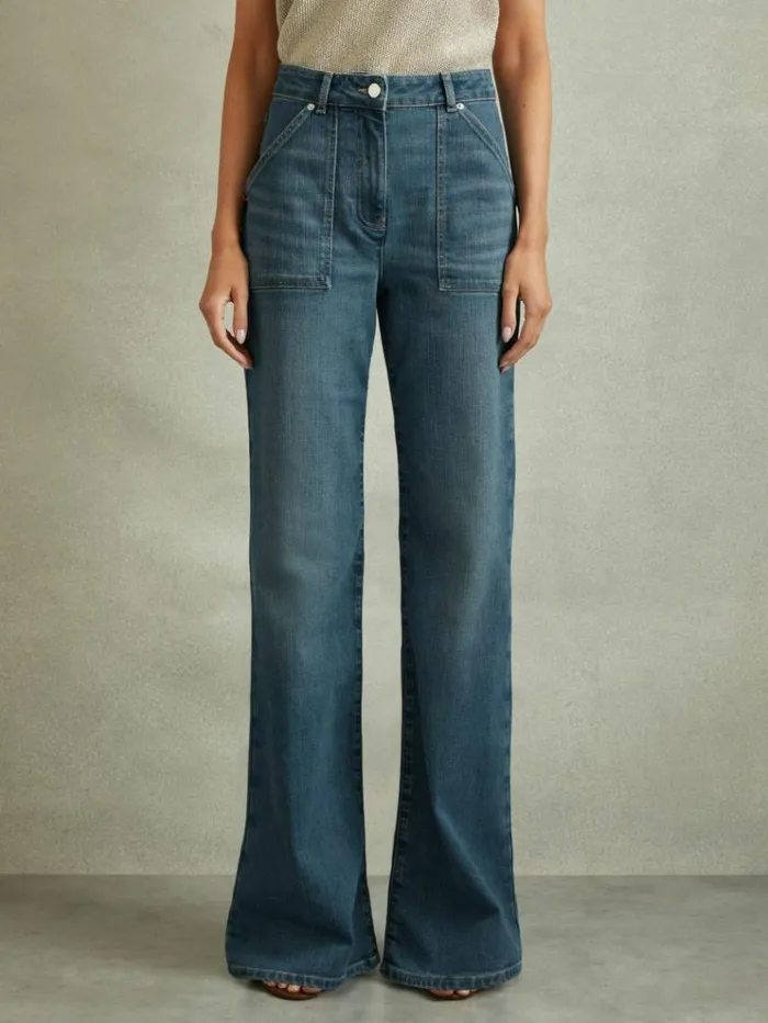 REISS Denim Women Mid Rise Flared Utility Jeans Mid Blue