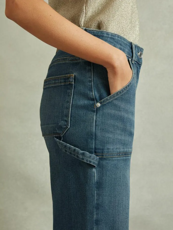 REISS Denim Women Mid Rise Flared Utility Jeans Mid Blue