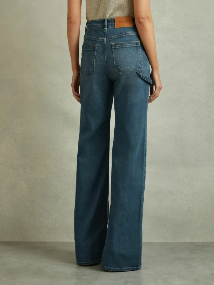 REISS Denim Women Mid Rise Flared Utility Jeans Mid Blue