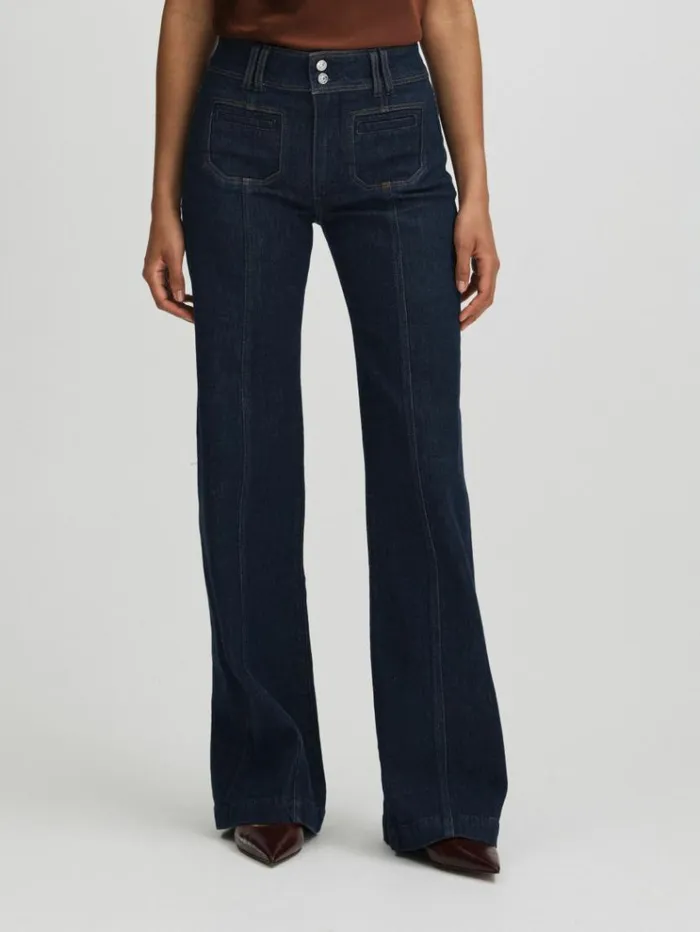 REISS Denim Women Paige Catania Blue Exposed Button Wide Leg Jeans Catania Blue