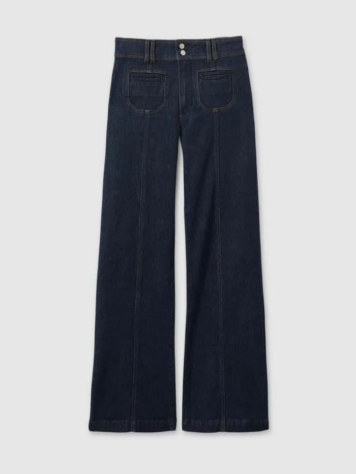 REISS Denim Women Paige Catania Blue Exposed Button Wide Leg Jeans Catania Blue