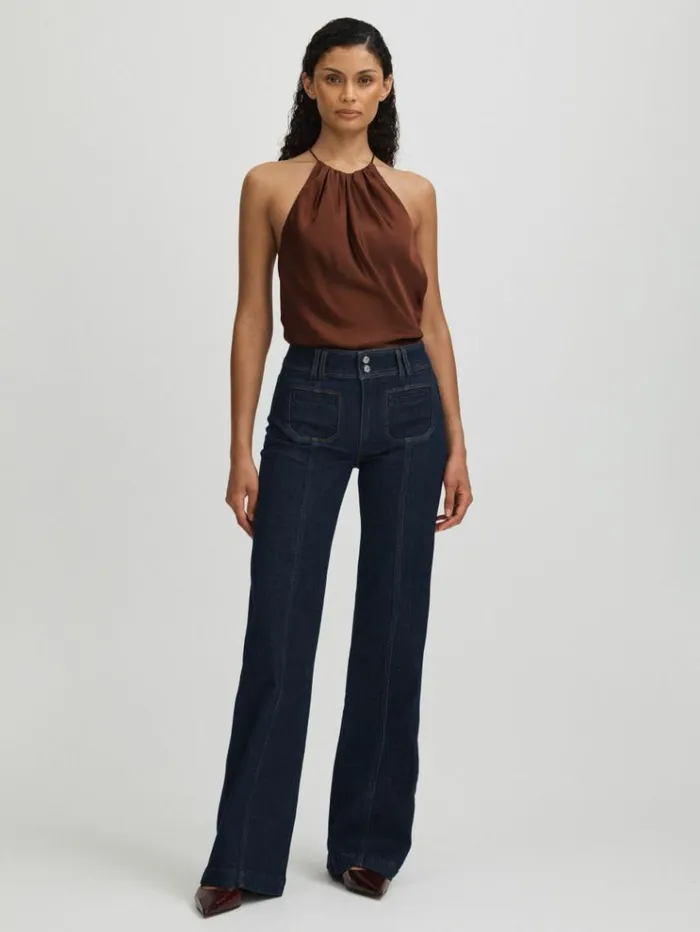 REISS Denim Women Paige Catania Blue Exposed Button Wide Leg Jeans Catania Blue