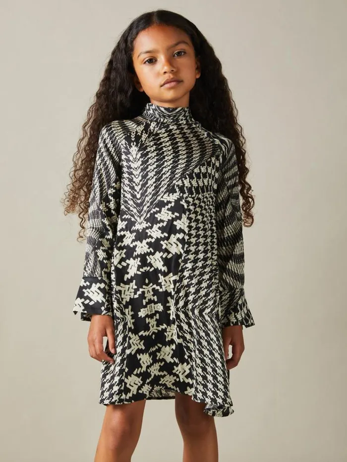REISS Dresses Children Dogtooth Flared Hem Dress Blackcream