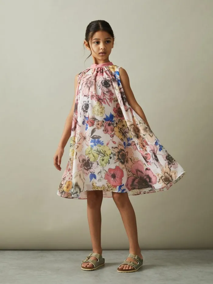 REISS Dresses Children Floral Print Halter Neck Dress Pink Print